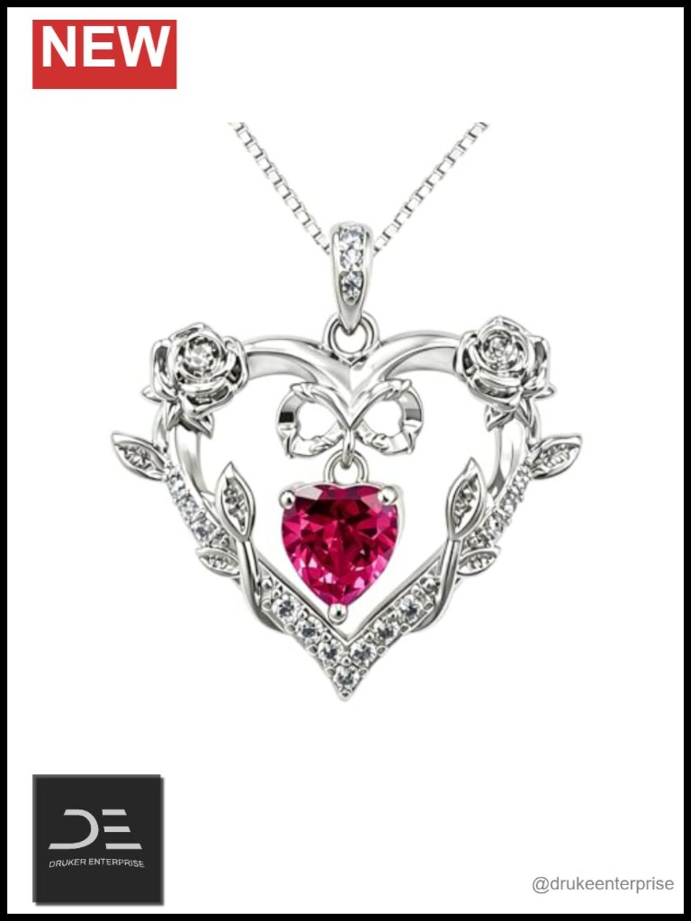 18K White Gold Plated Rose Heart Pendant Necklace with Crystal, Adjustable Chain